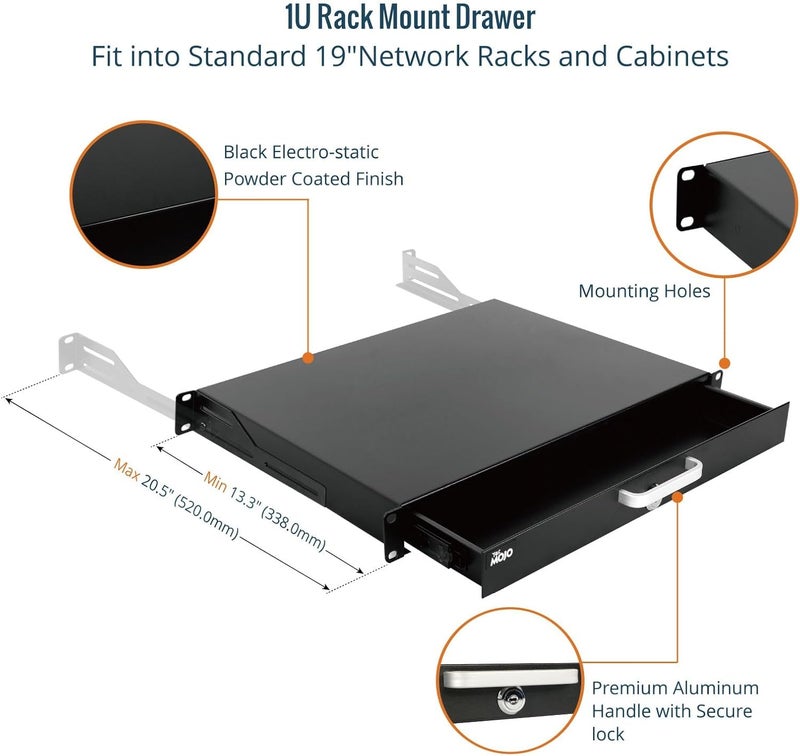 Tecmojo 1U Rack Drawer,Rack Mount Drawer for 19in Network Equipment/Server/AV Rack or Cabinet Enclosure,Sliding and Lockable Server Rack Drawer - Load-Bearing 22lb (10kg),with Cable Management Holes - Image 4